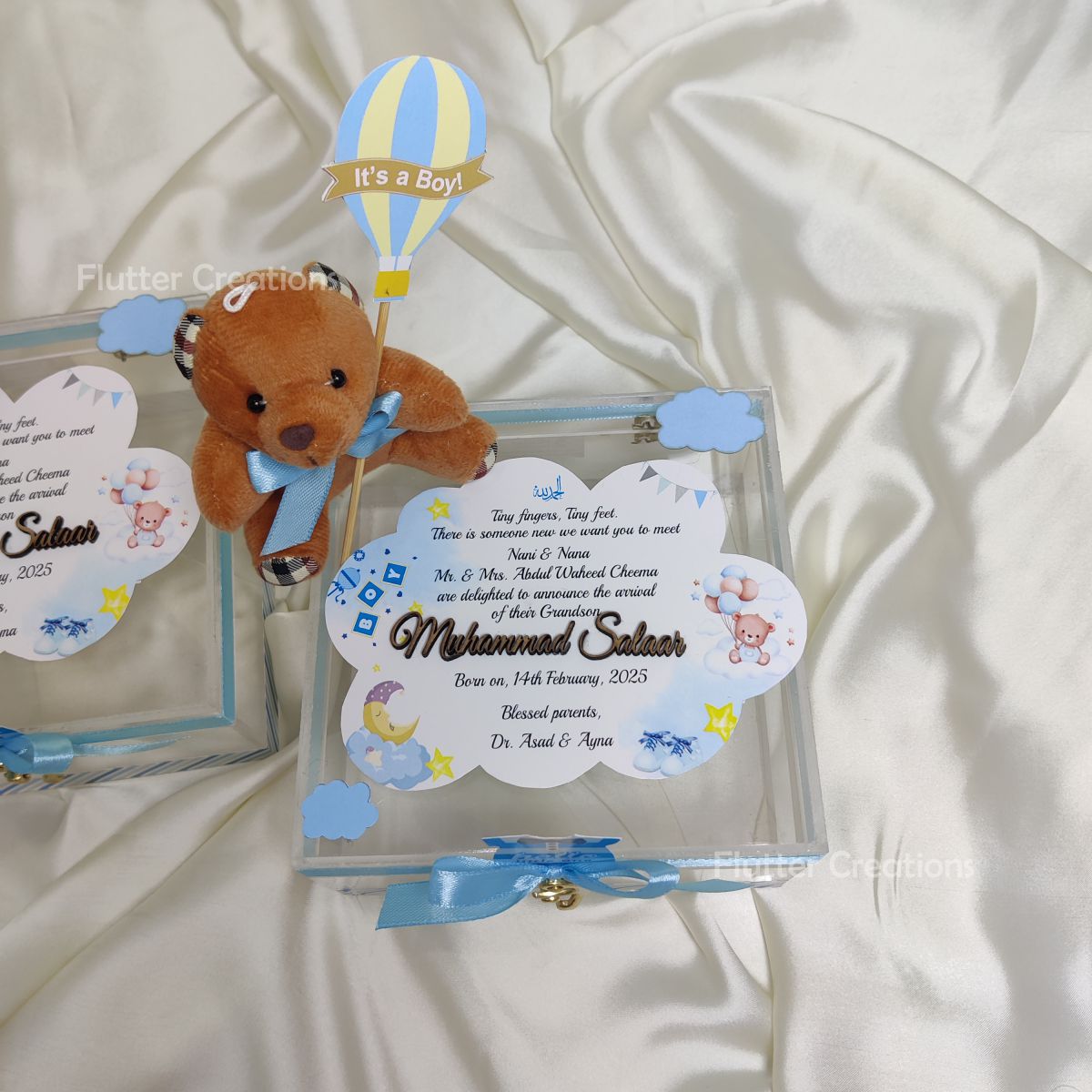 Baby Boy Announcement Acrylic Box with Teddybear and Name Cutout