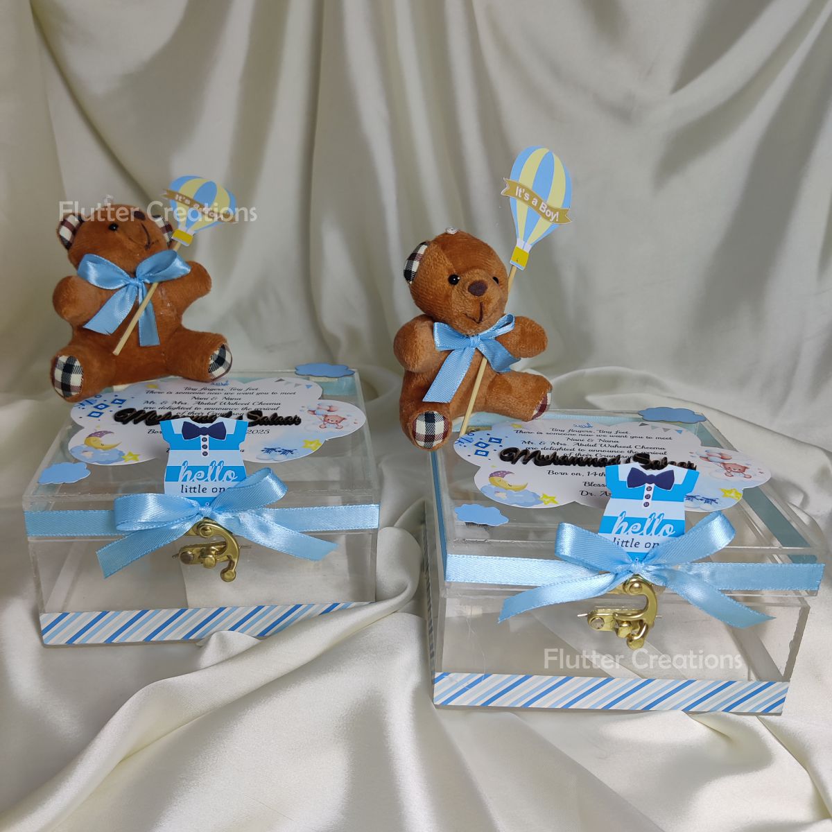 Baby Boy Announcement Acrylic Box with Teddybear and Name Cutout