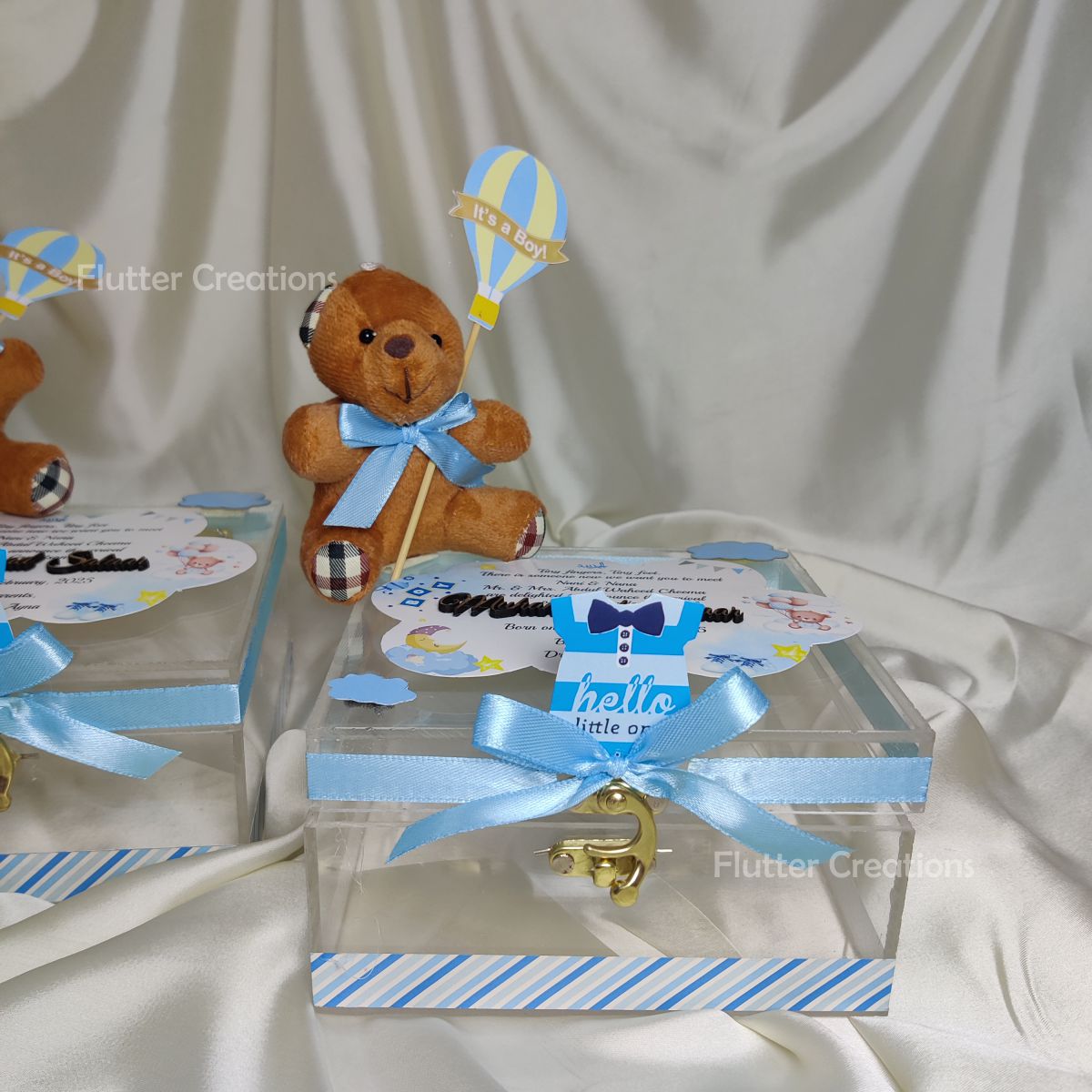 Baby Boy Announcement Acrylic Box with Teddybear and Name Cutout