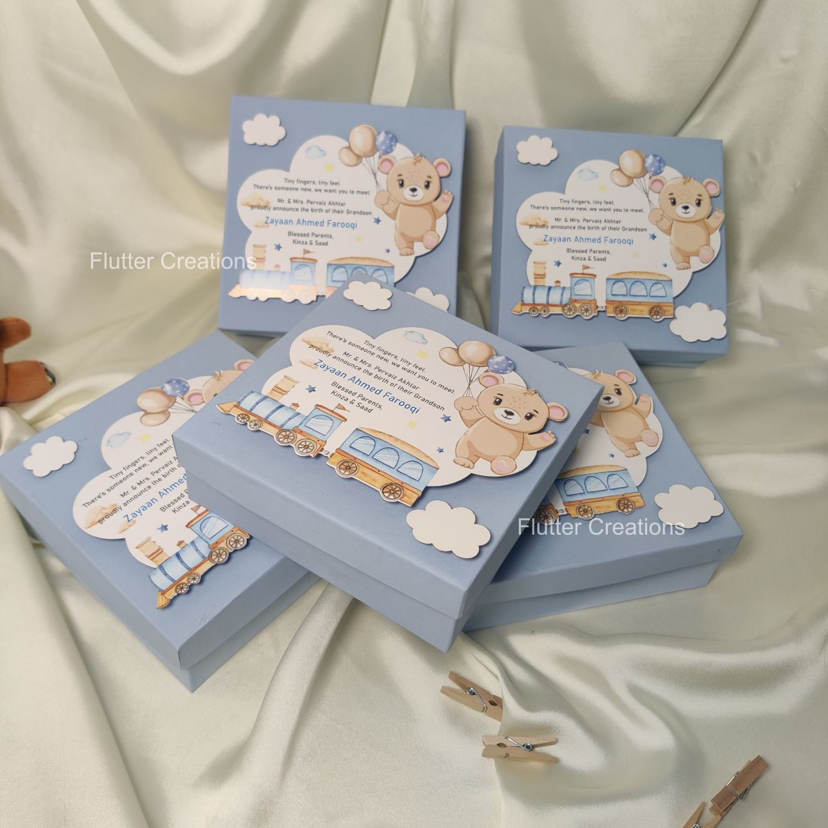 Train & Bear 3D - Baby Boy Announcement Box