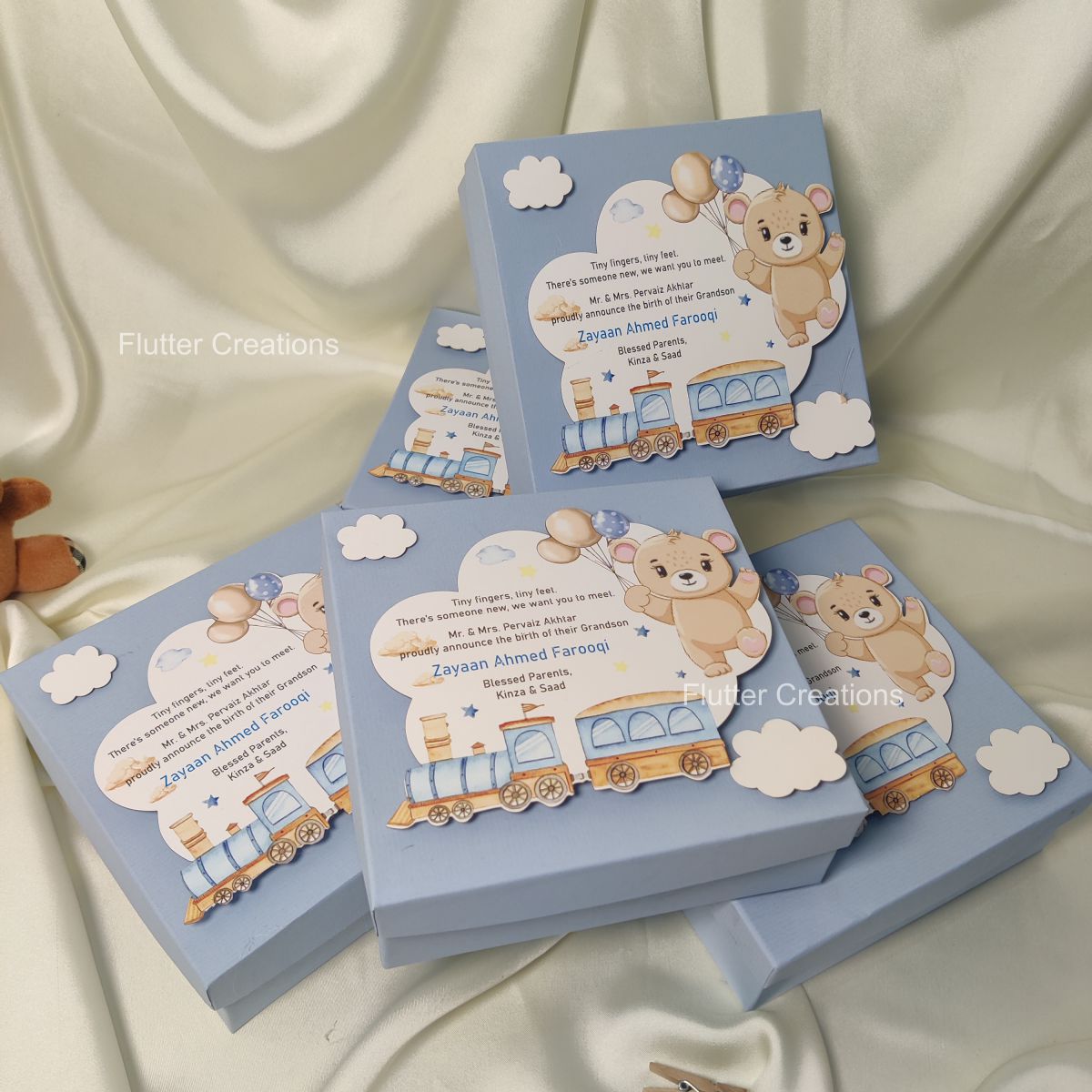 Train & Bear 3D - Baby Boy Announcement Box