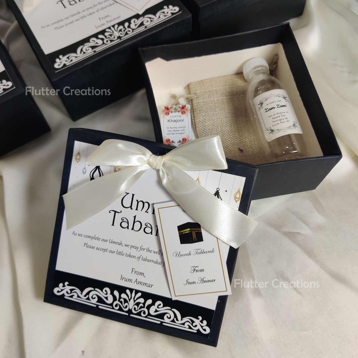 Black Umrah Tabaruk Box with Ribbon and Top Print