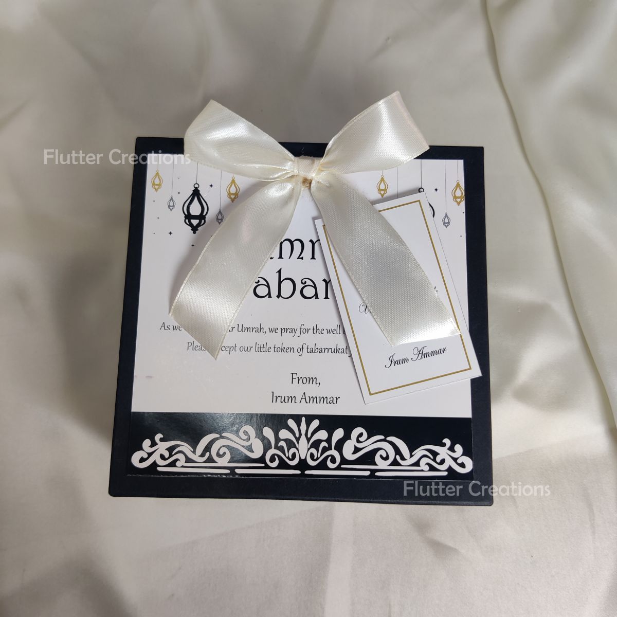 Black Umrah Tabaruk Box with Ribbon and Top Print