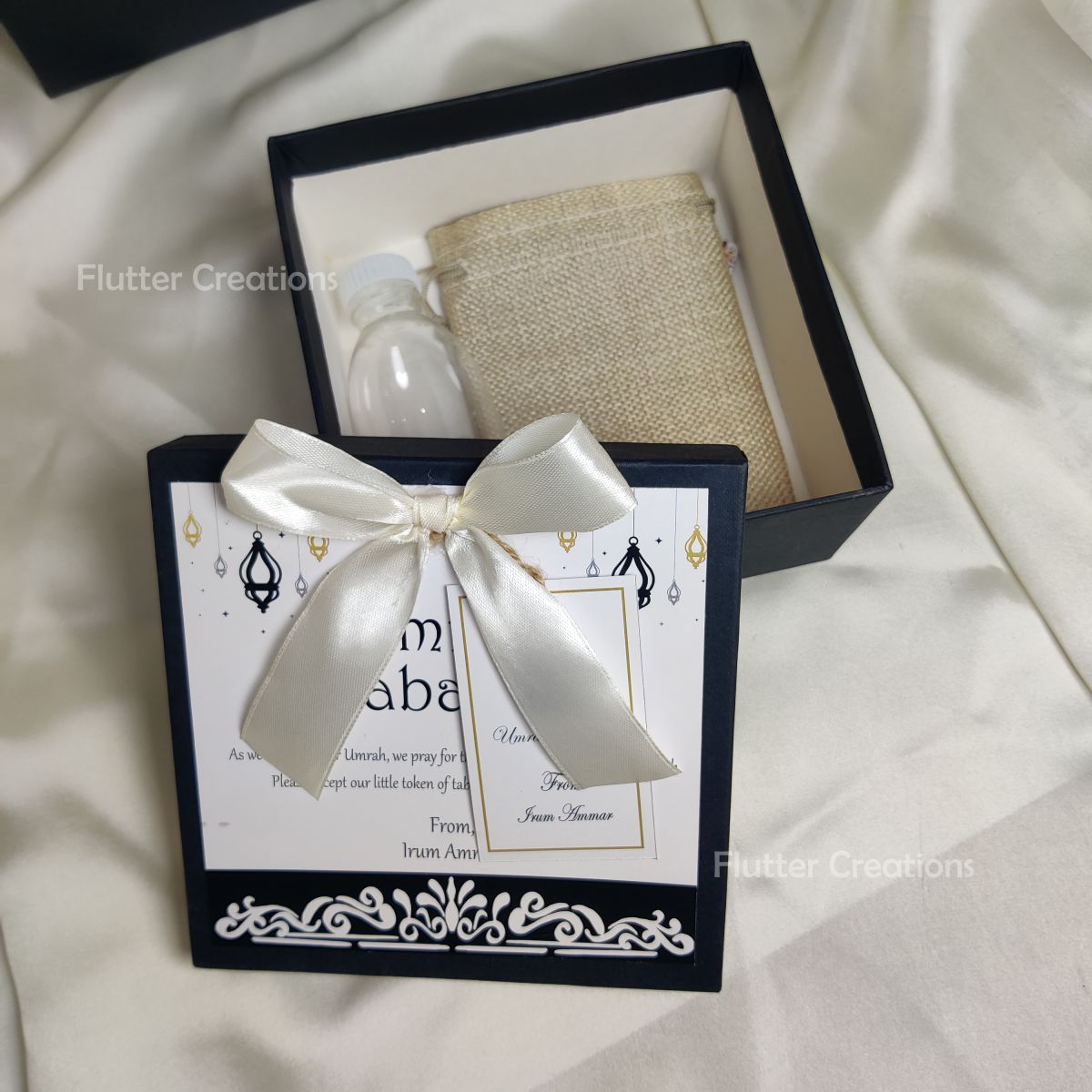 Black Umrah Tabaruk Box with Ribbon and Top Print