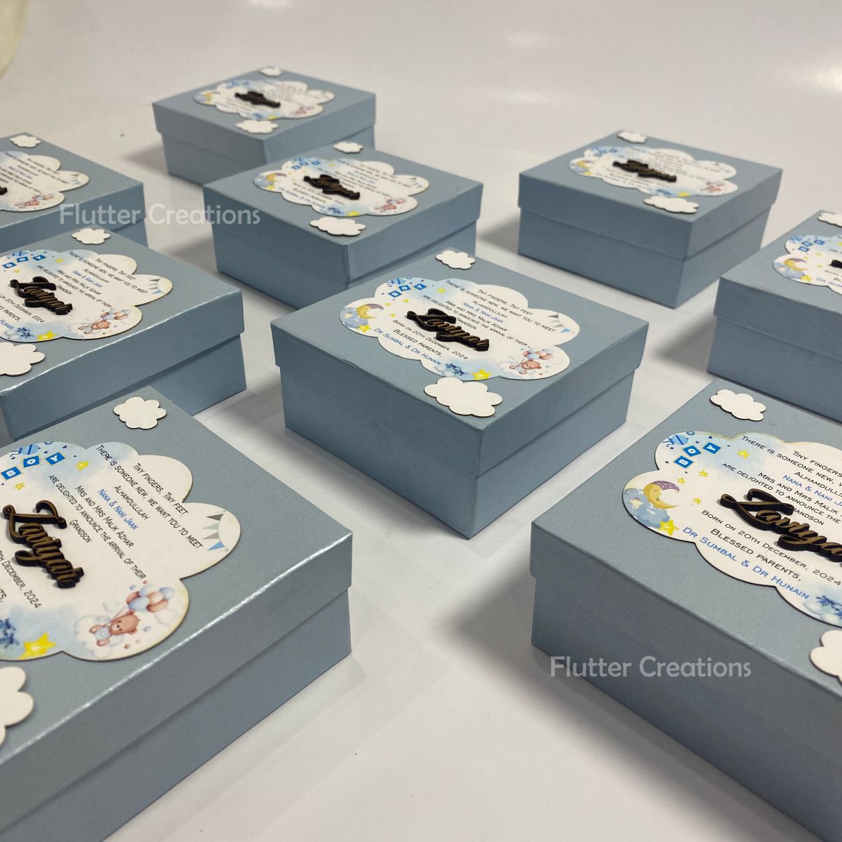 Baby Boy Announcement Box with Clouds and Wooden Name Cutout on Top