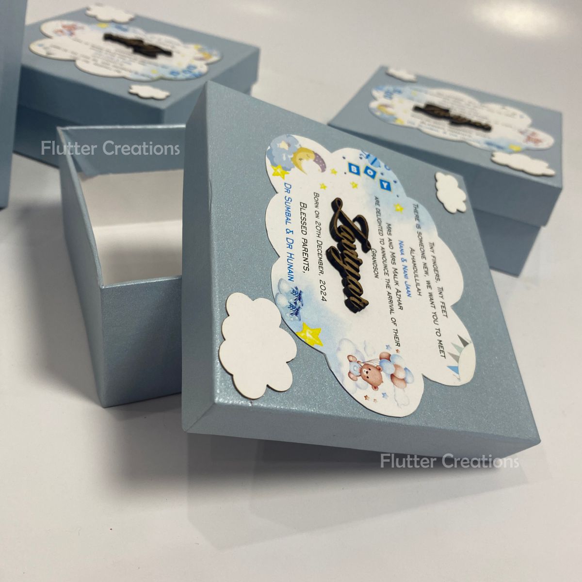 Baby Boy Announcement Box with Clouds and Wooden Name Cutout on Top