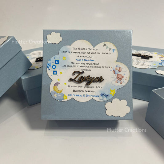Baby Boy Announcement Box with Clouds and Wooden Name Cutout on Top