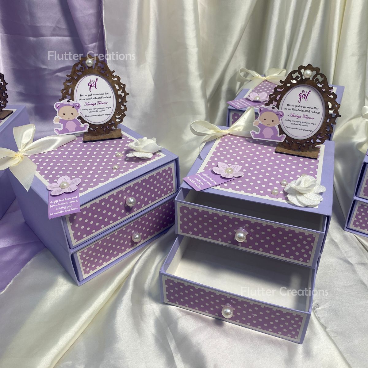 Baby Girl Announcement Box - Double Drawer with Frame