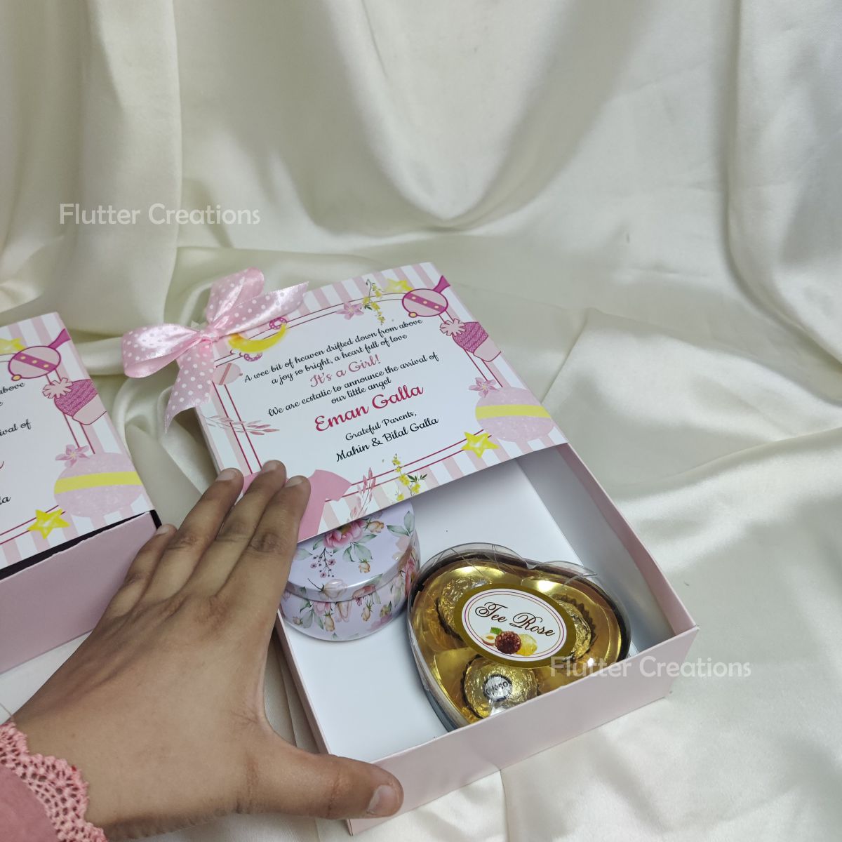 Drawer Box (Printed) with a Bow - Baby Girl Announcement Box