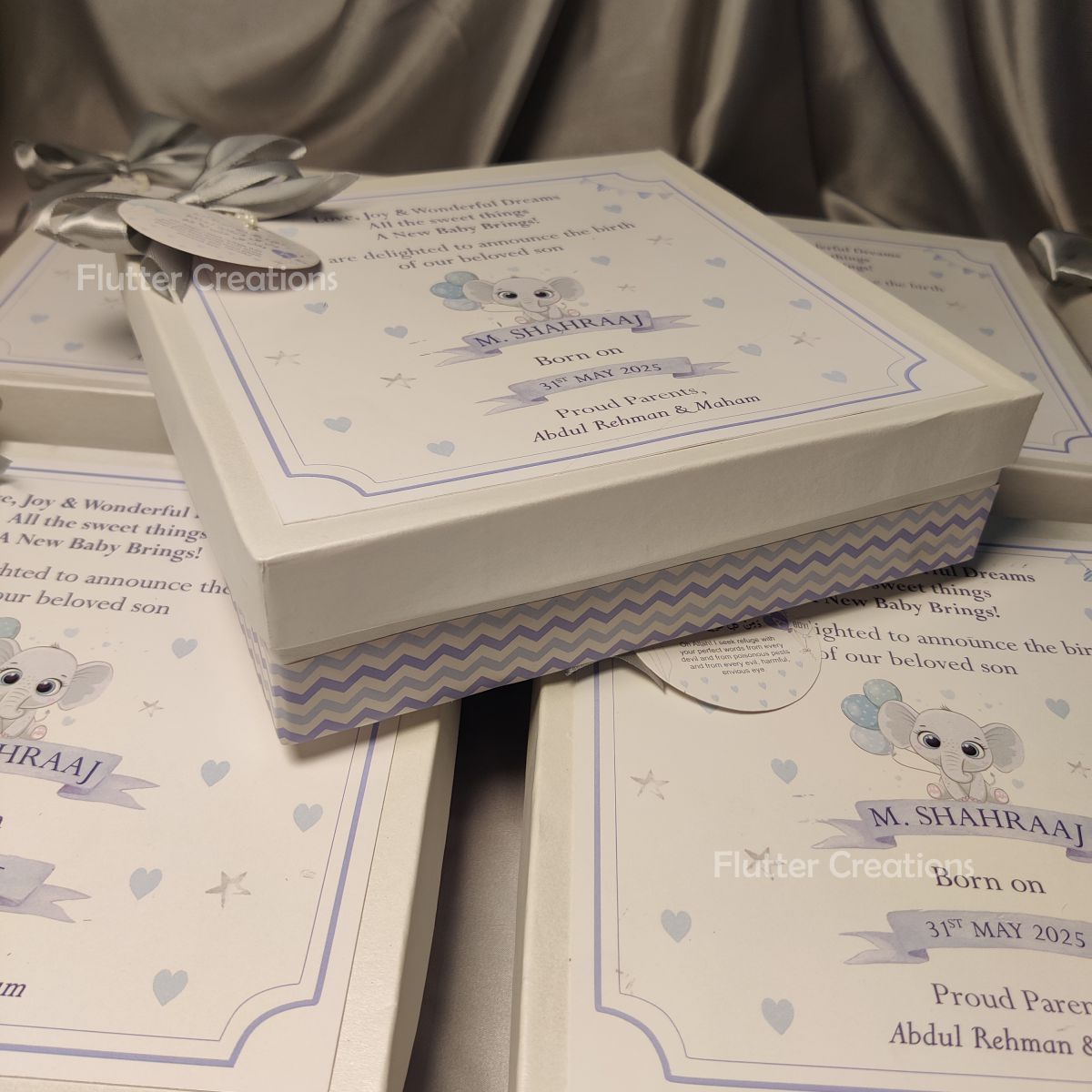 Baby Boy Announcement Box - Elephant Design (With Grey Ribbon)