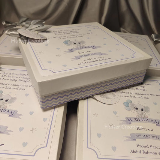 Baby Boy Announcement Box - Elephant Design (With Grey Ribbon)