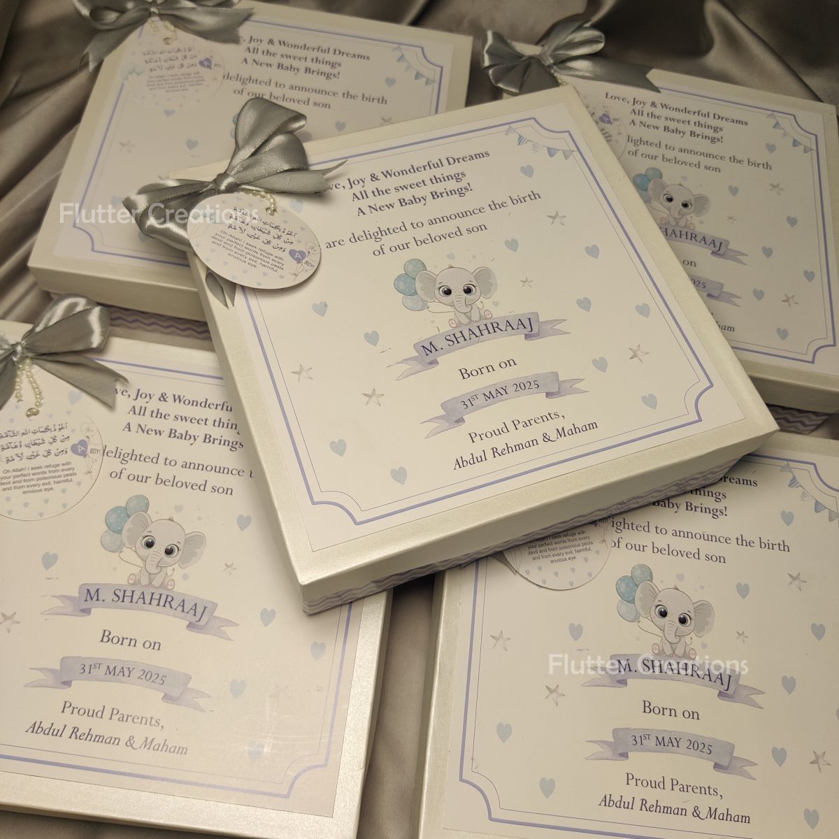 Baby Boy Announcement Box - Elephant Design (With Grey Ribbon)