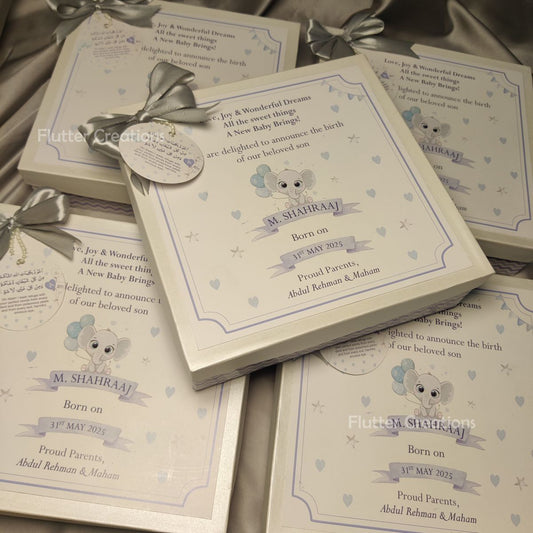 Baby Boy Announcement Box - Elephant Design (With Grey Ribbon)