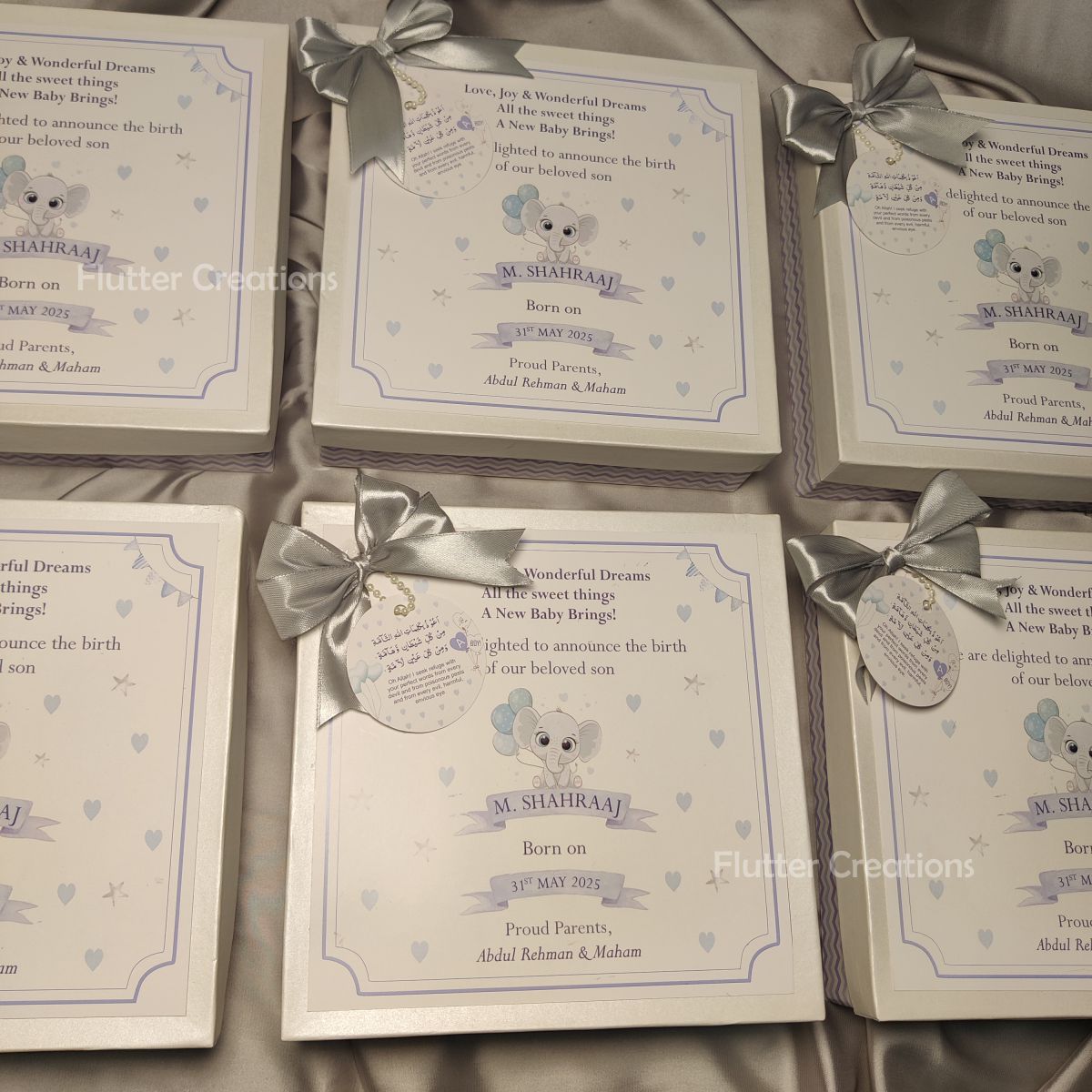 Baby Boy Announcement Box - Elephant Design (With Grey Ribbon)