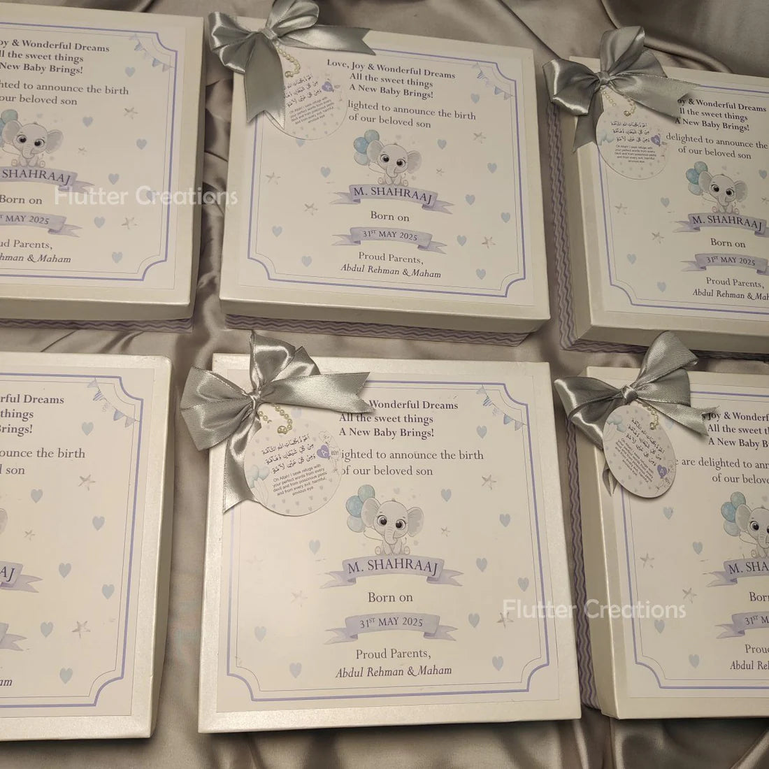 Baby Boy Announcement Box - Elephant Design (With Grey Ribbon)