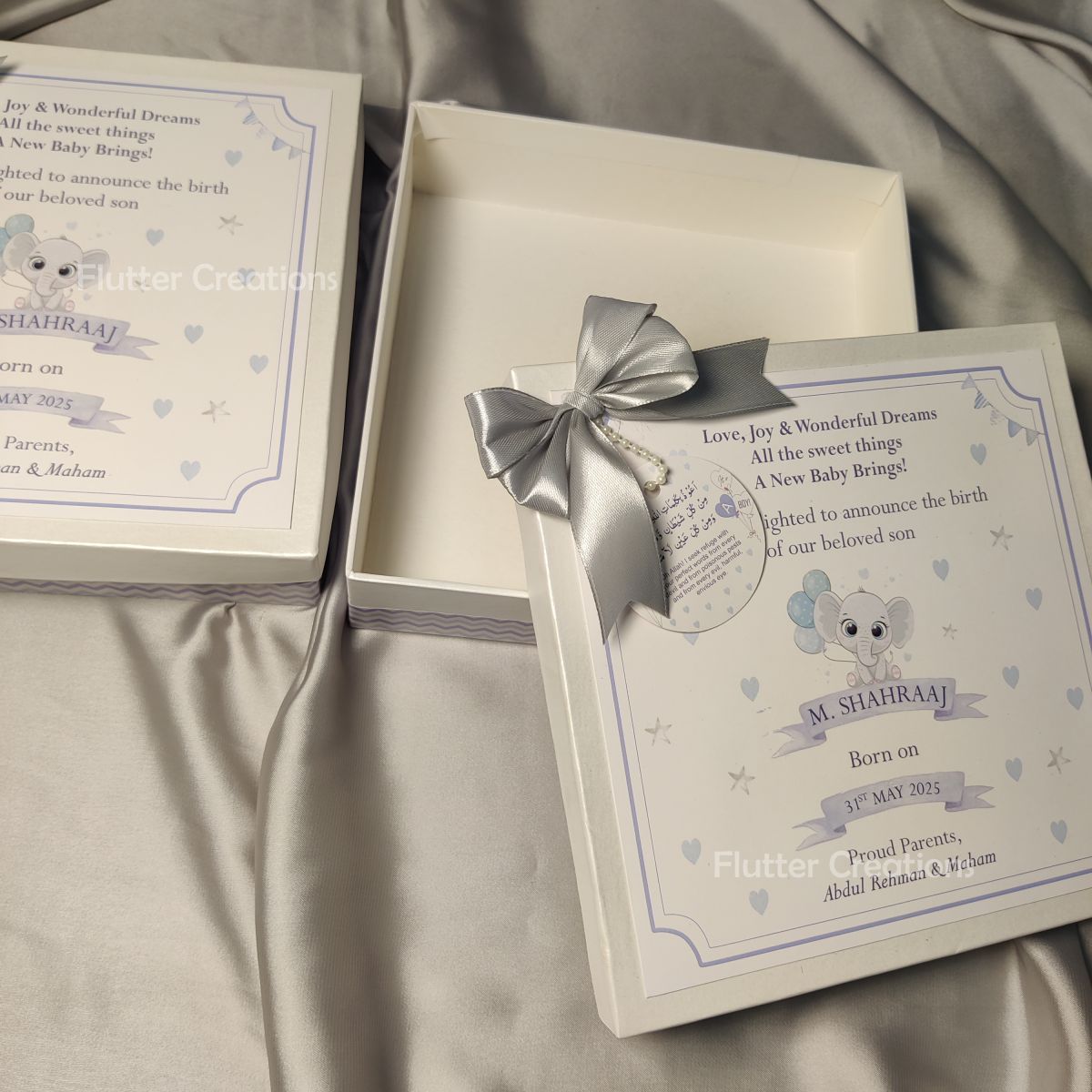 Baby Boy Announcement Box - Elephant Design (With Grey Ribbon)