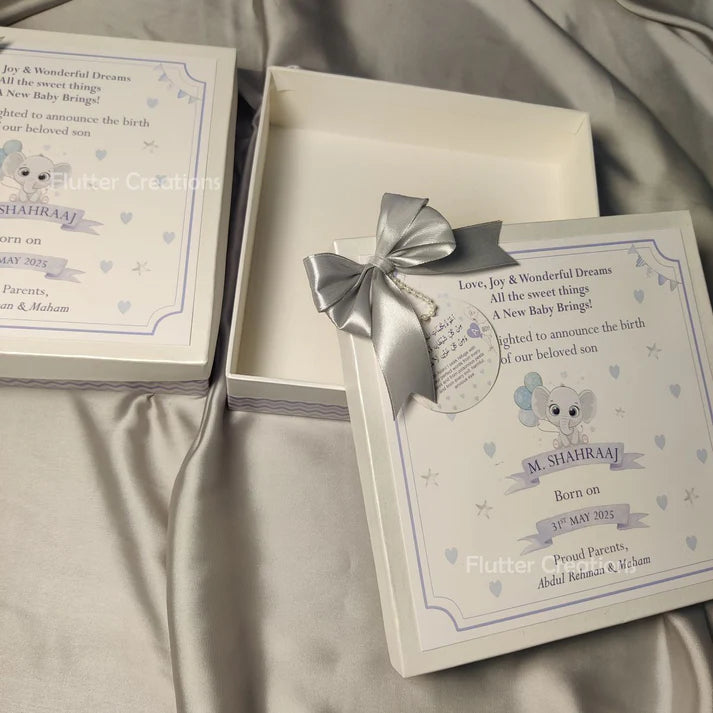 Baby Boy Announcement Box - Elephant Design (With Grey Ribbon)