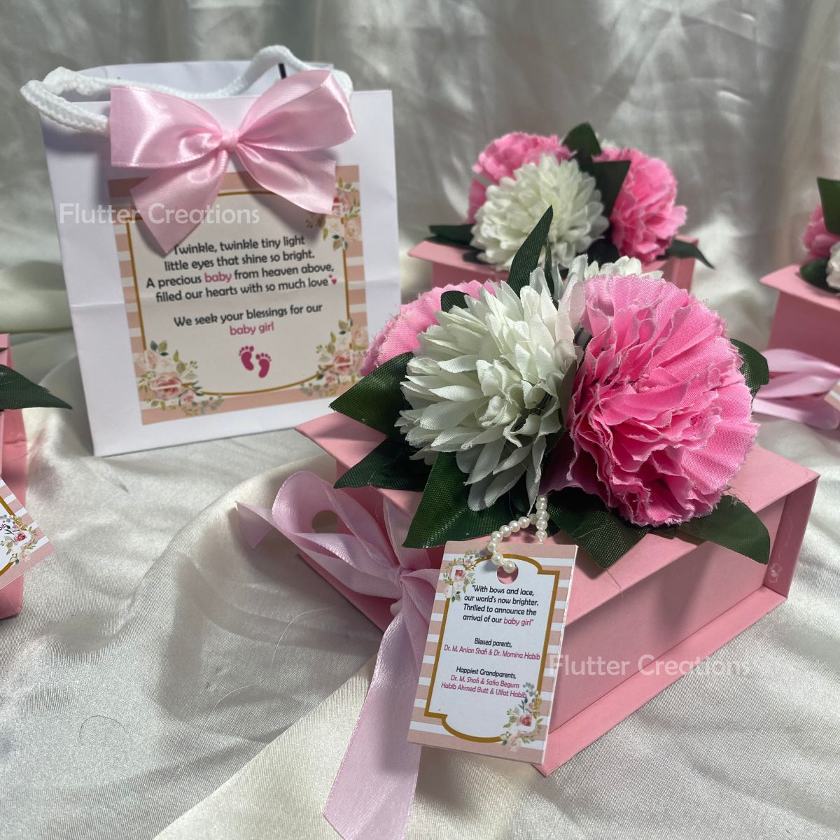 Flower & Net - Baby Girl Announcement Hardboard Bookstyle Box