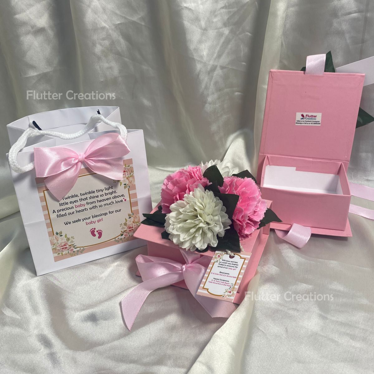 Flower & Net - Baby Girl Announcement Hardboard Bookstyle Box