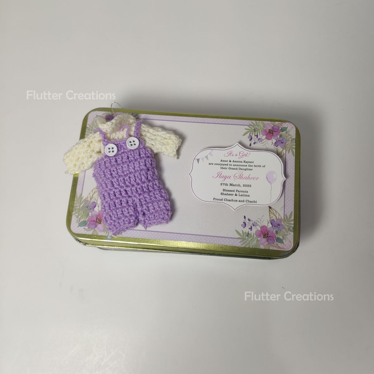 Baby Girl Announcement Box - Tin Metal with Crochet