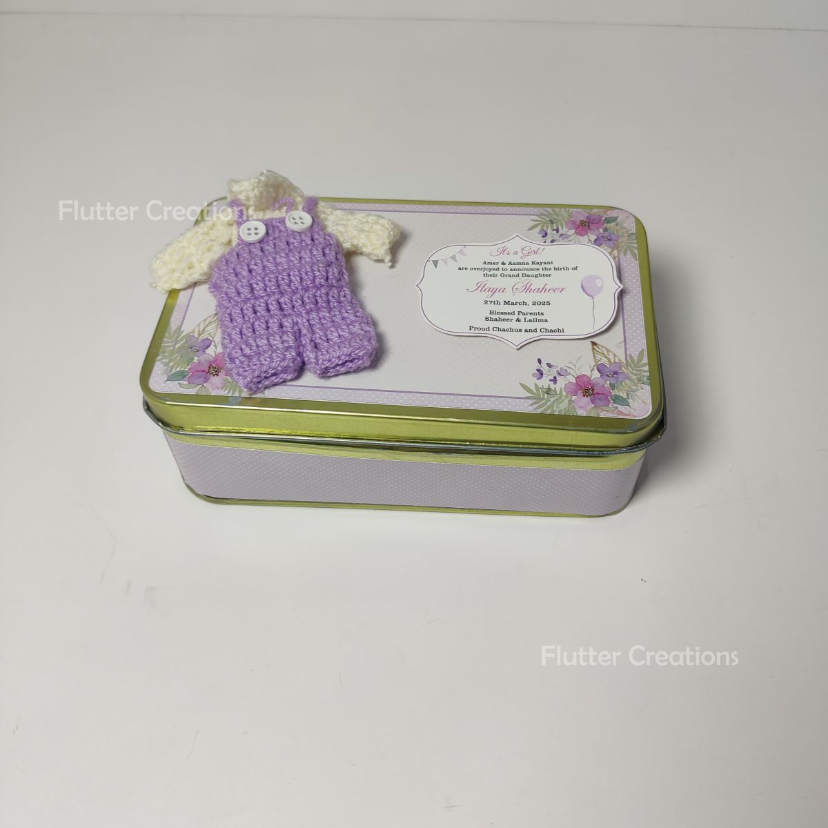 Baby Girl Announcement Box - Tin Metal with Crochet