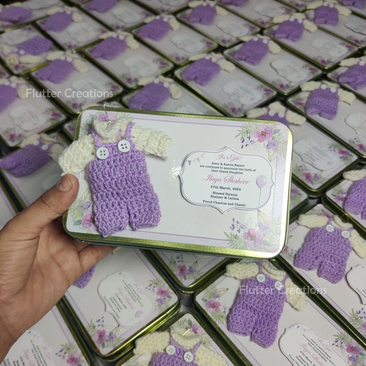 Baby Girl Announcement Box - Tin Metal with Crochet