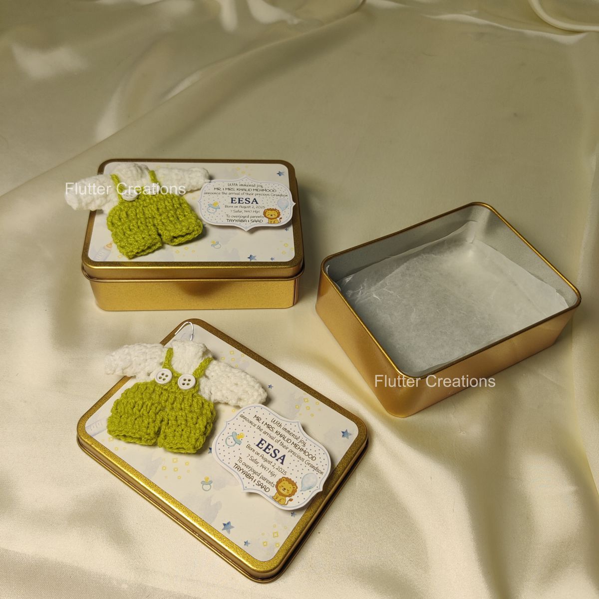 Tin Box with Crochet Design (Imported) - Baby Boy Announcement