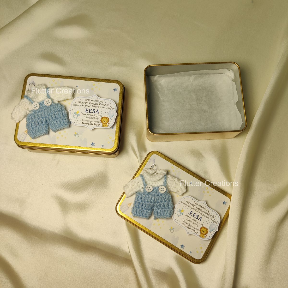 Tin Box with Crochet Design (Imported) - Baby Boy Announcement