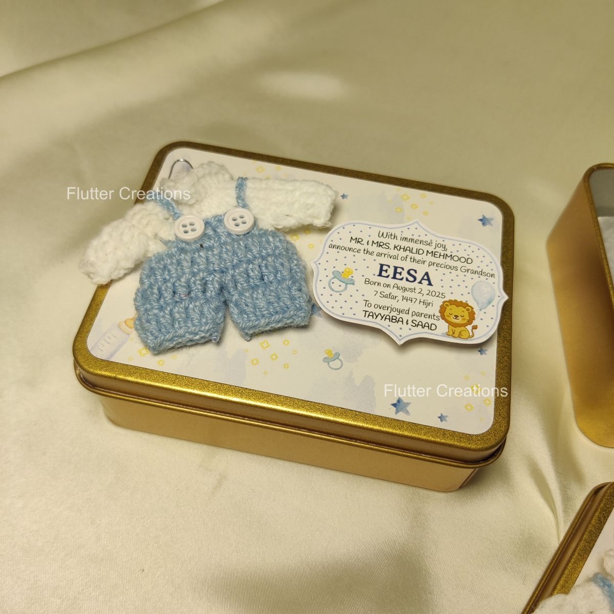 Tin Box with Crochet Design (Imported) - Baby Boy Announcement
