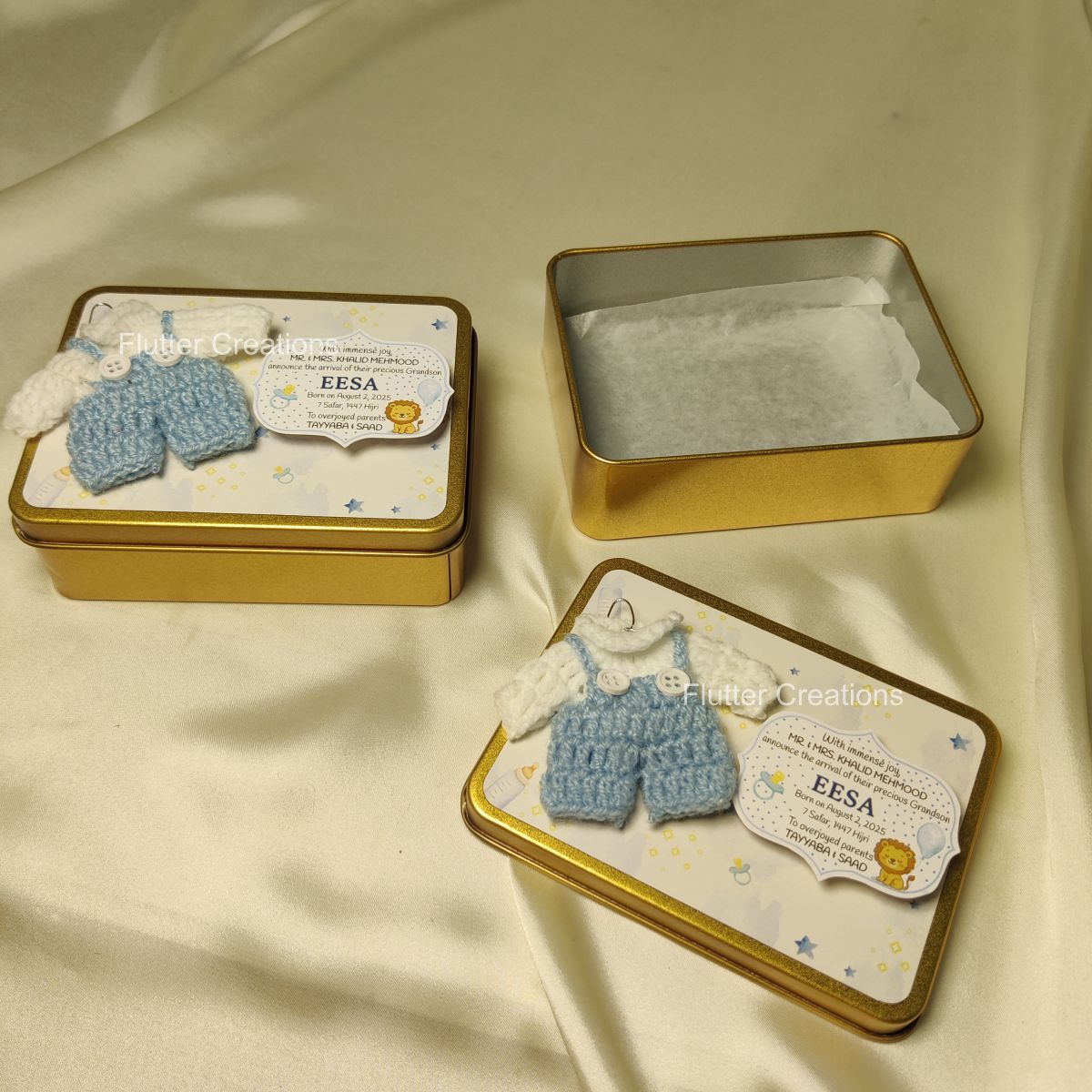 Tin Box with Crochet Design (Imported) - Baby Boy Announcement