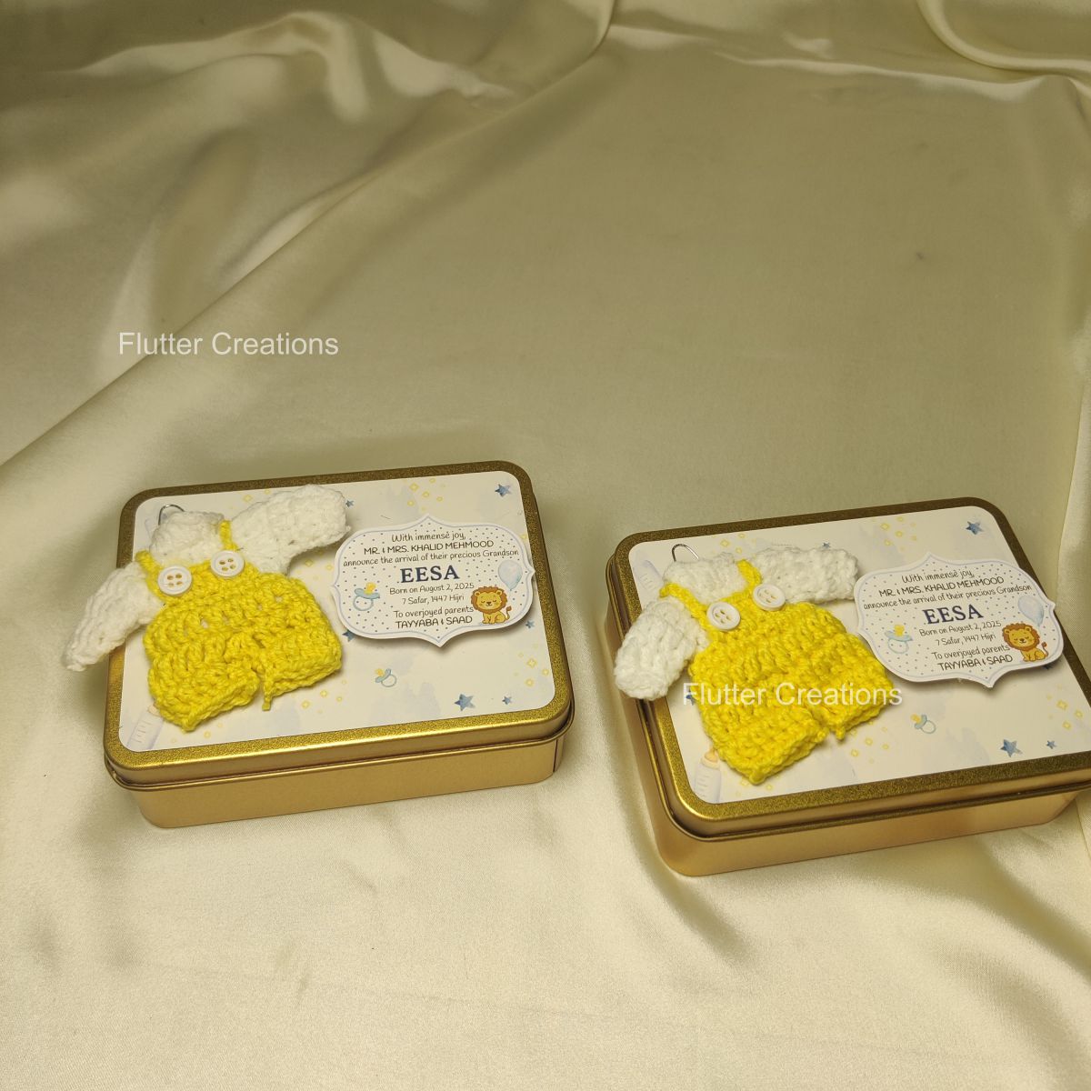 Tin Box with Crochet Design (Imported) - Baby Boy Announcement