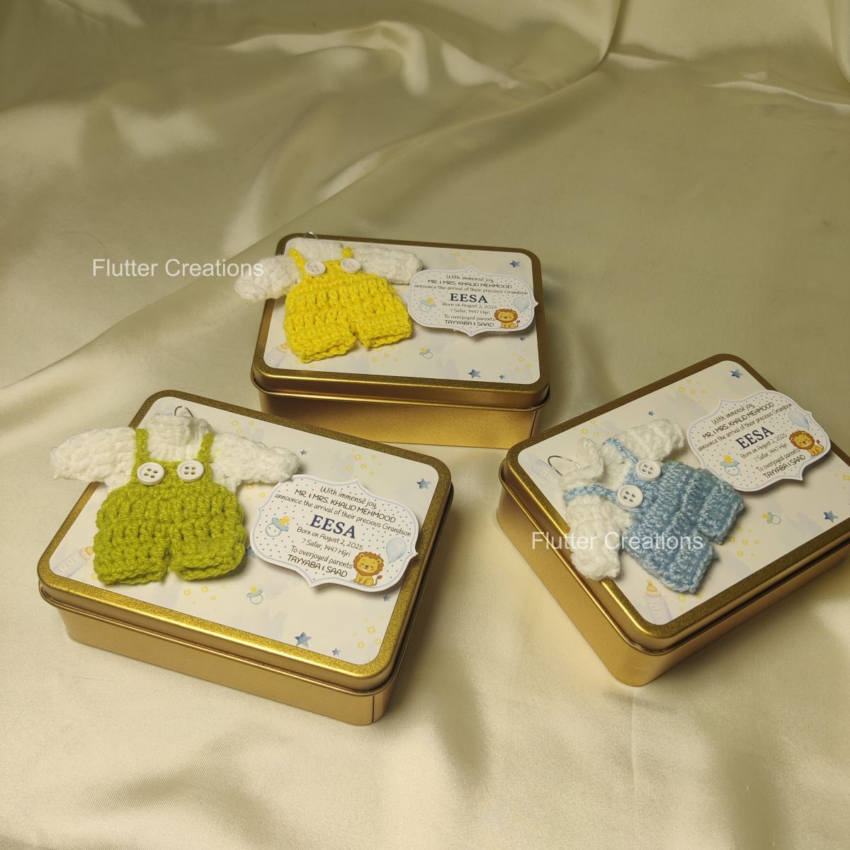 Tin Box with Crochet Design (Imported) - Baby Boy Announcement