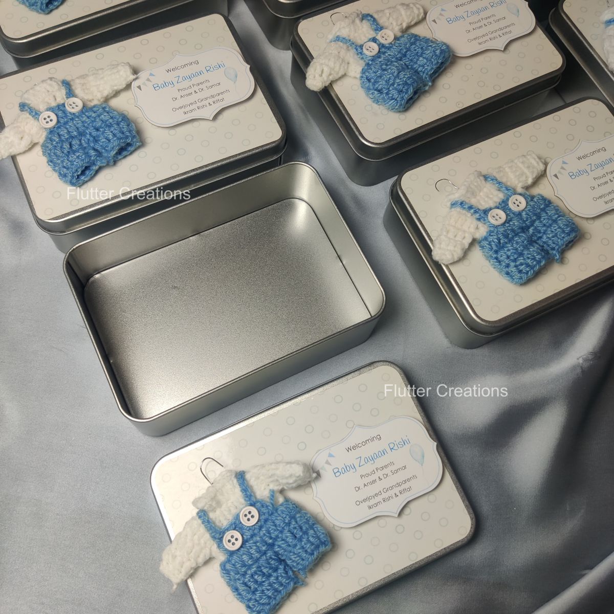 Tin Box with Crochet Design (Imported) - Baby Boy Announcement