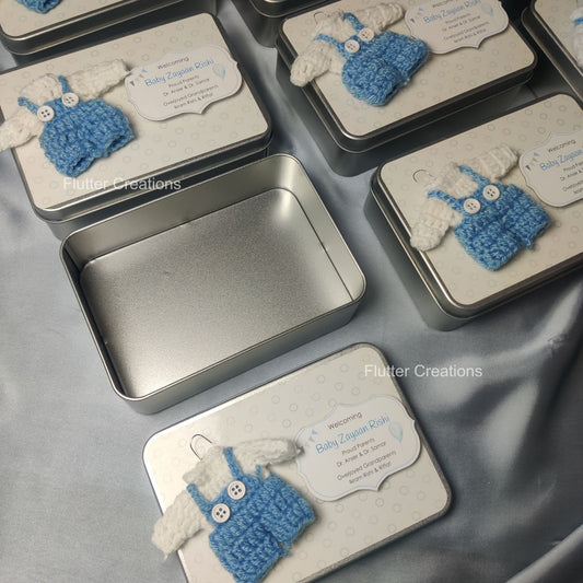 Tin Box with Crochet Design (Imported) - Baby Boy Announcement