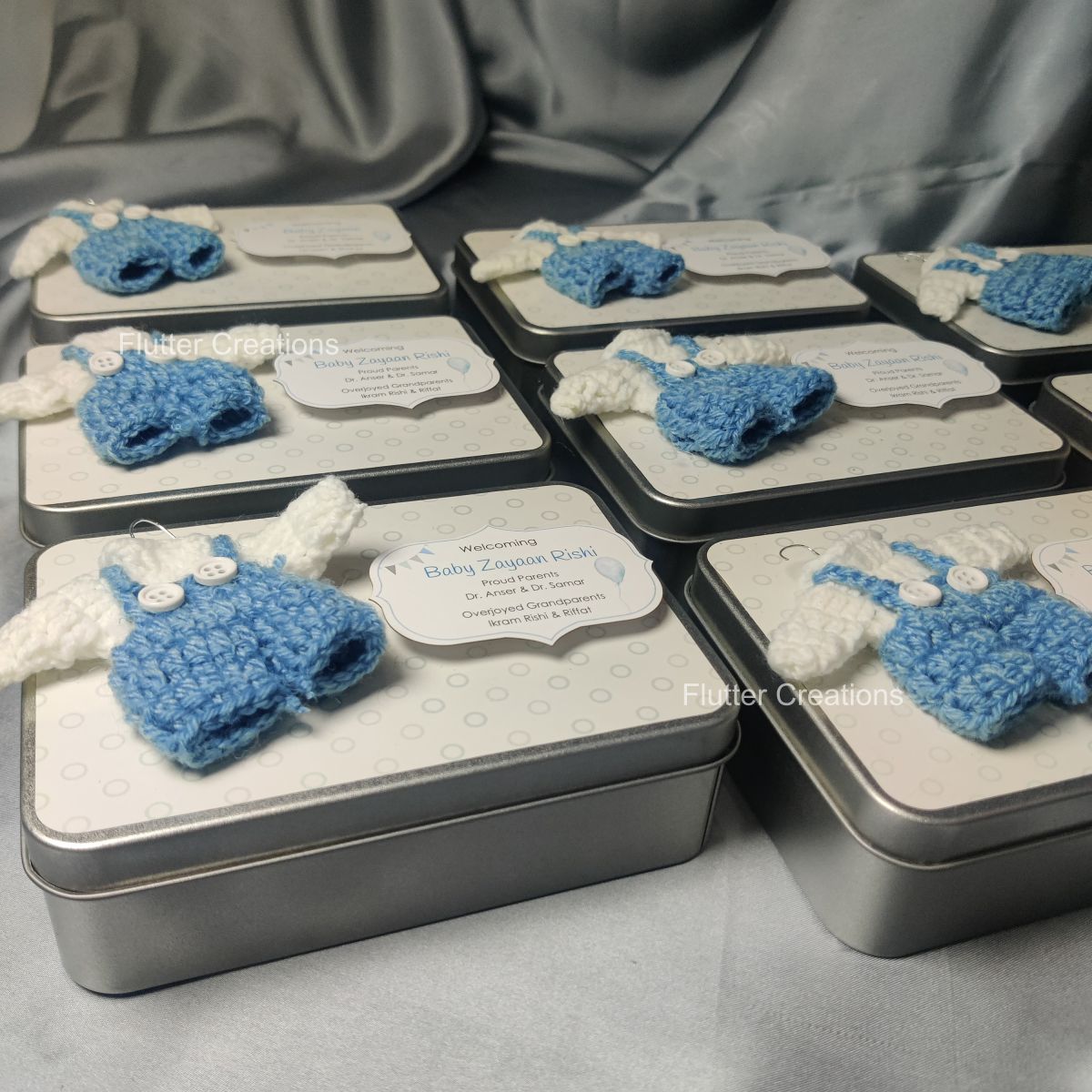 Tin Box with Crochet Design (Imported) - Baby Boy Announcement