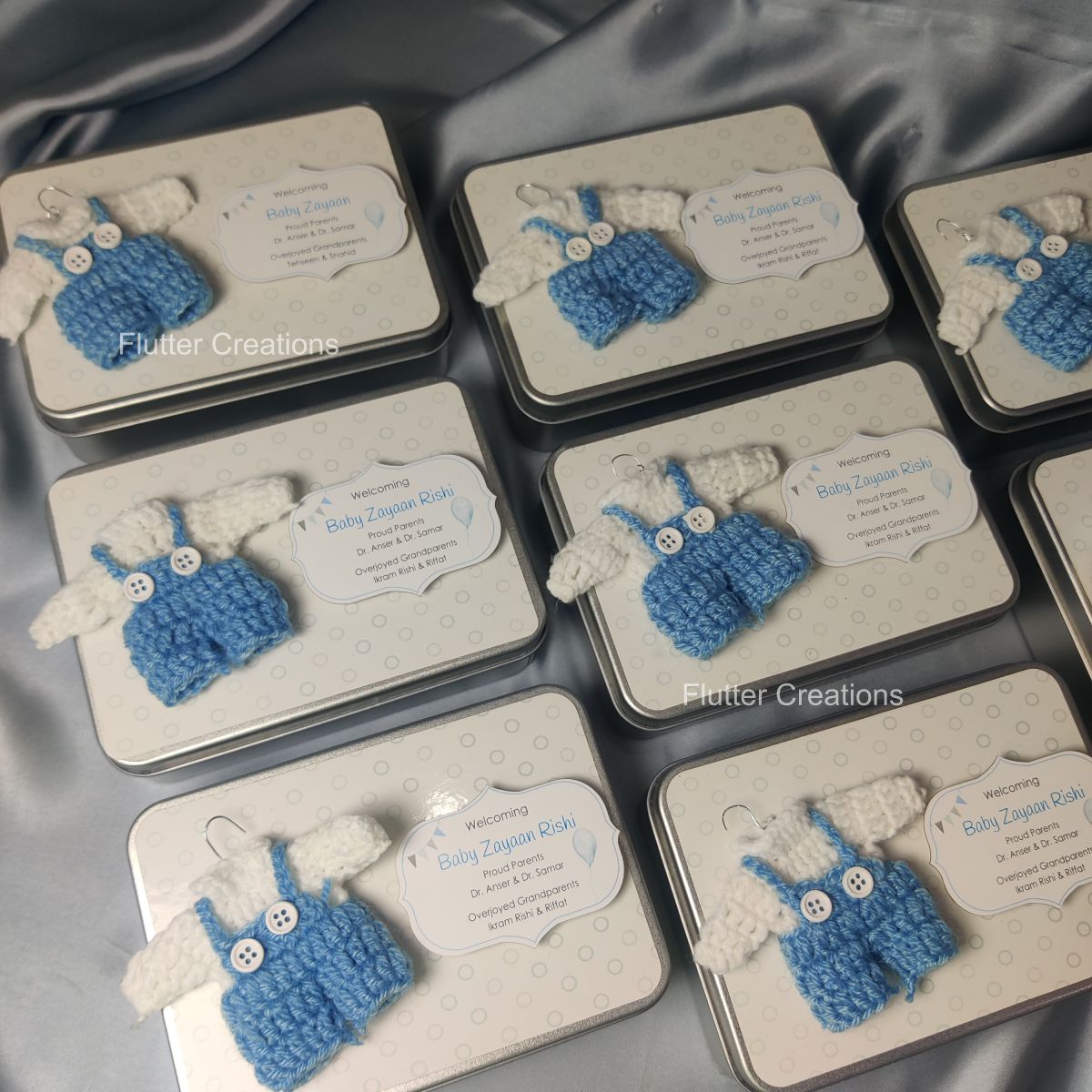 Tin Box with Crochet Design (Imported) - Baby Boy Announcement