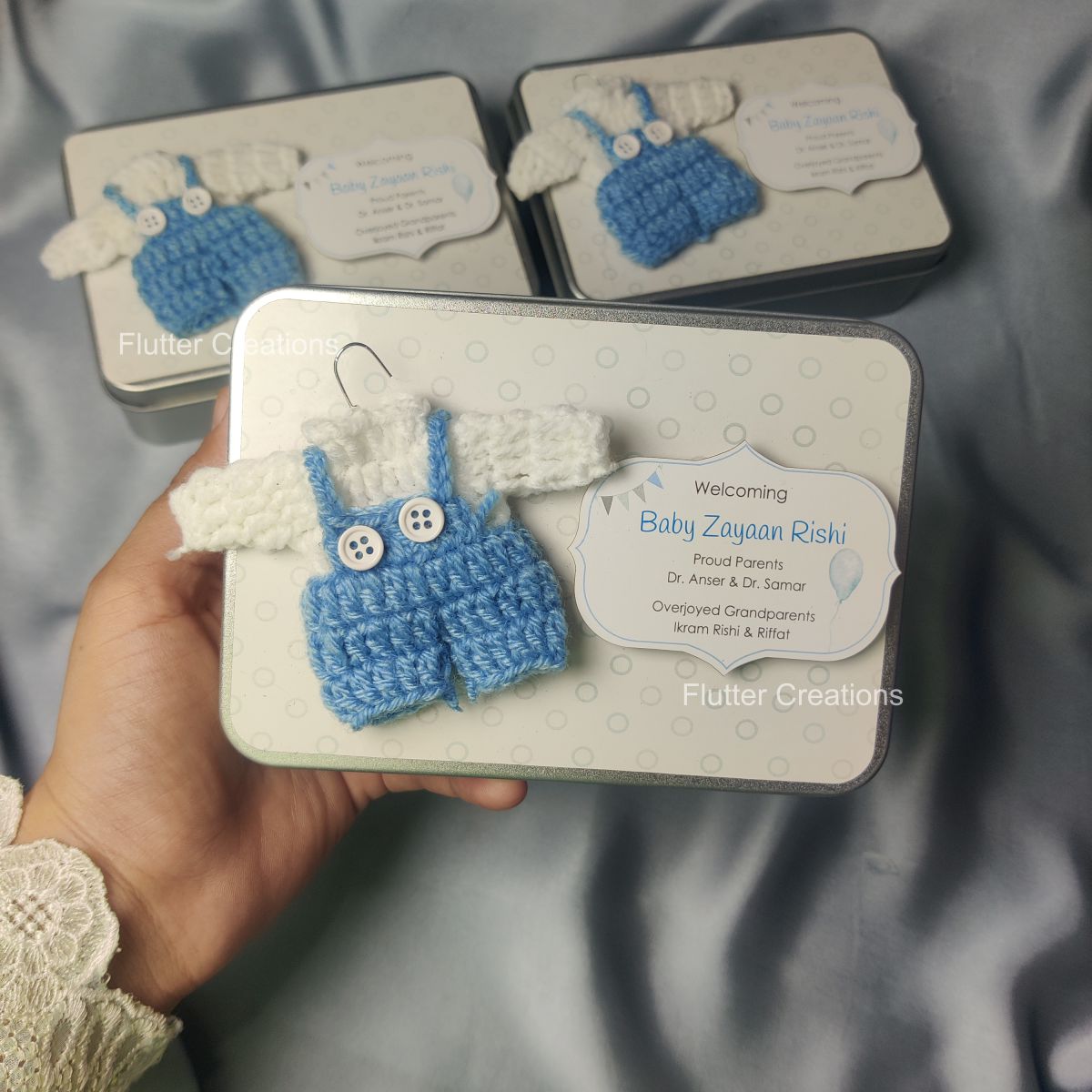 Tin Box with Crochet Design (Imported) - Baby Boy Announcement