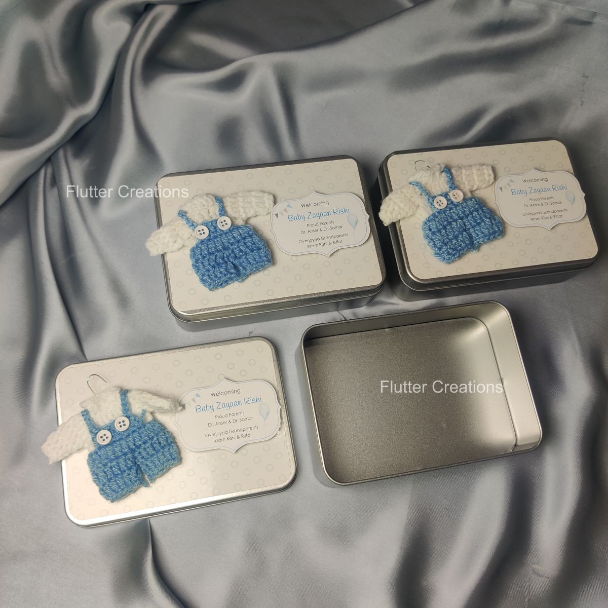 Tin Box with Crochet Design (Imported) - Baby Boy Announcement