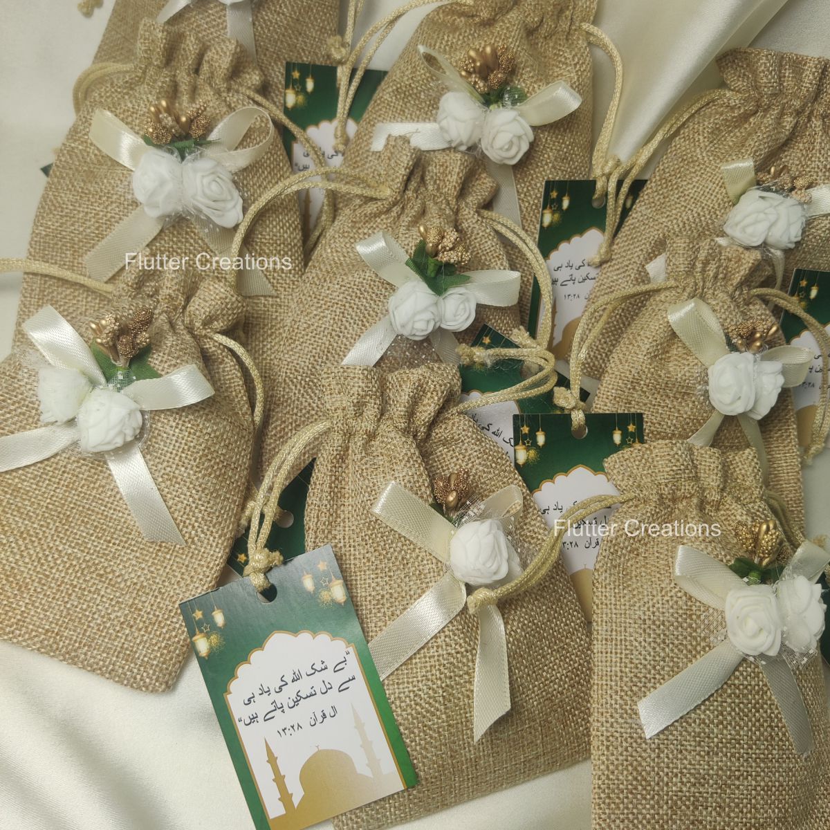 Jute Pouch/Bag with Flower ,Ribbon and nametag