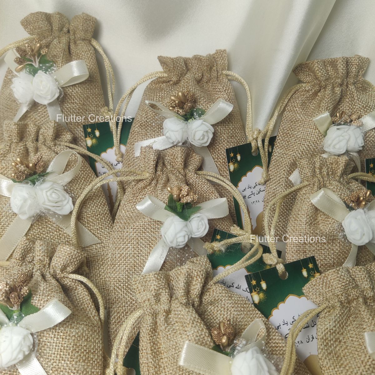Jute Pouch/Bag with Flower ,Ribbon and nametag