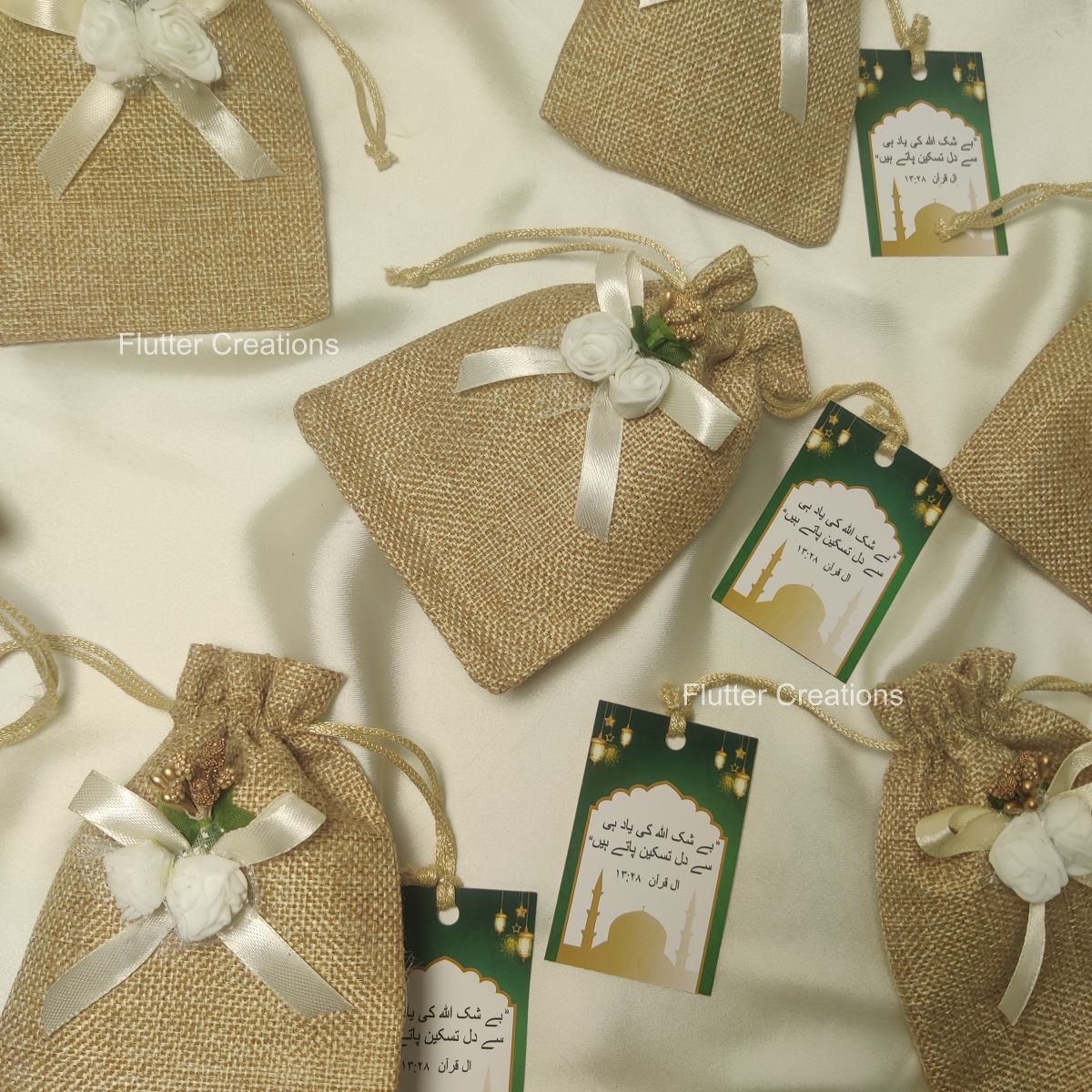 Jute Pouch/Bag with Flower ,Ribbon and nametag