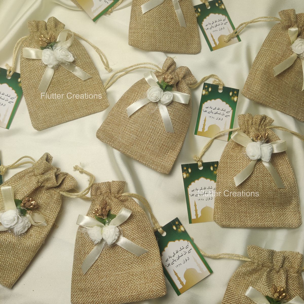 Jute Pouch/Bag with Flower ,Ribbon and nametag