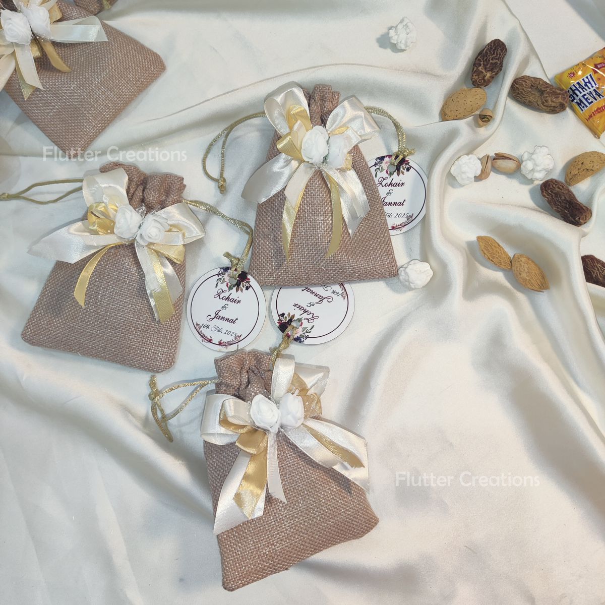 Khaki Jute Pouch with ribbons, flower & a tag