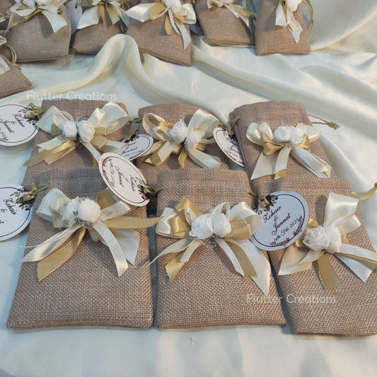 Khaki Jute Pouch with ribbons, flower & a tag