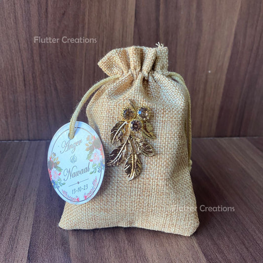 Khaki Jute Pouch with Gold Metal Leaf & Tag