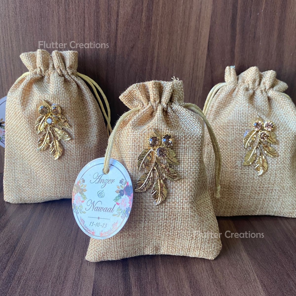Khaki Jute Pouch with Gold Metal Leaf & Tag