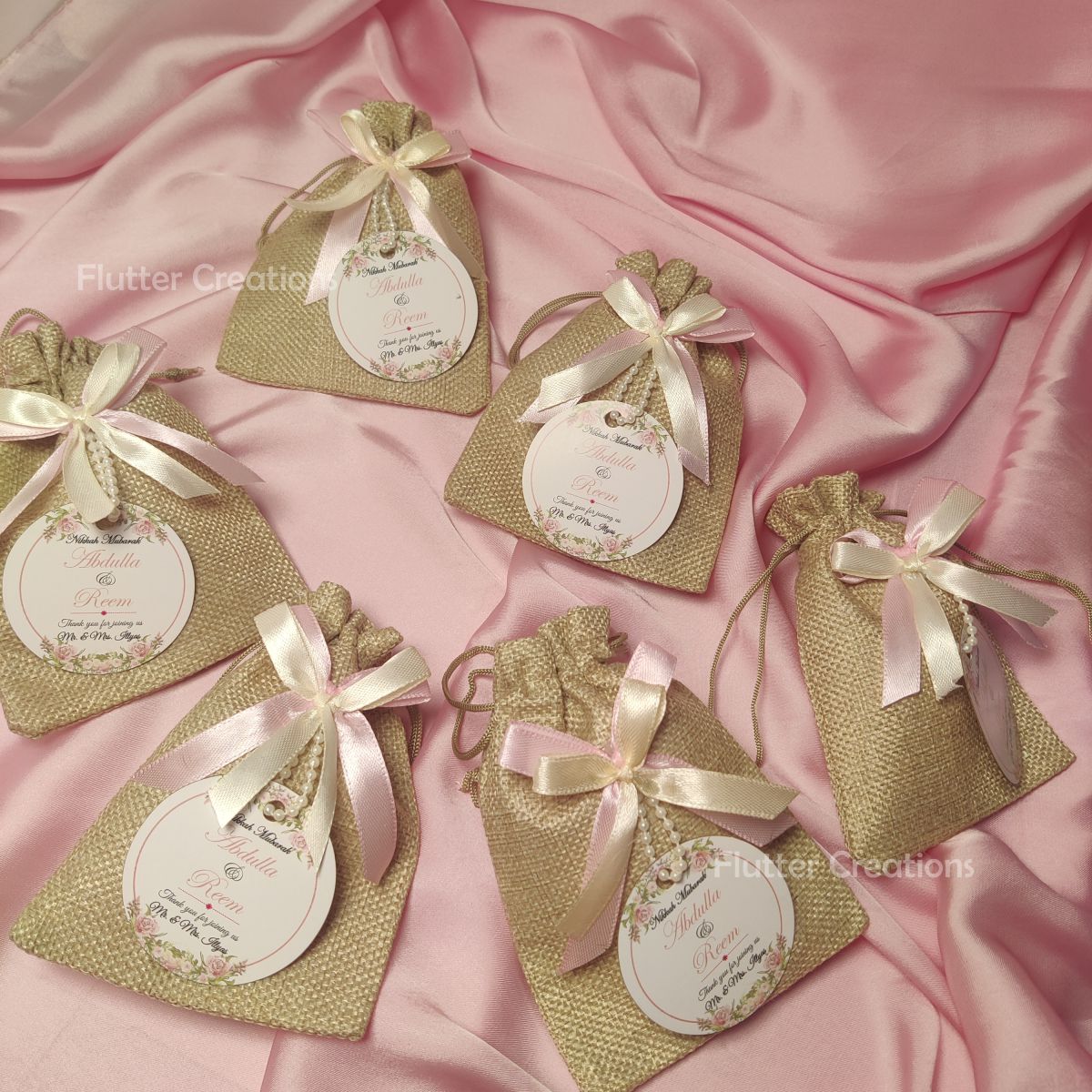 Khaki Jute Pouch with Double Ribbons & Tag