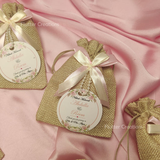 Khaki Jute Pouch with two Ribbons & Tag