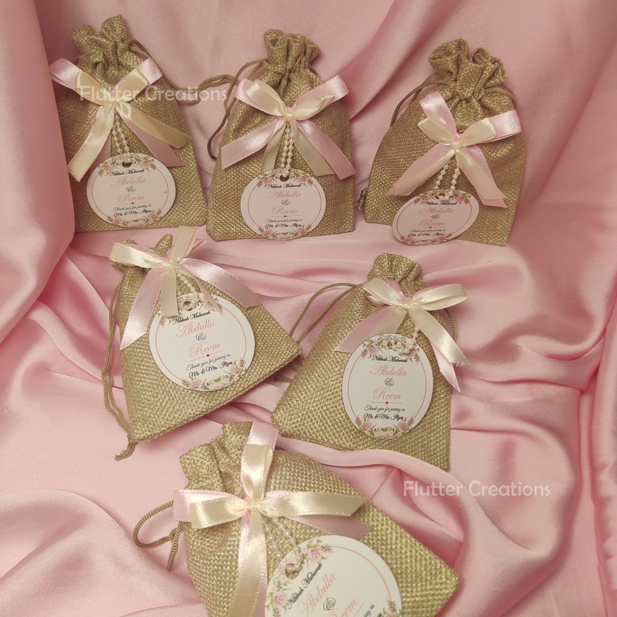 Khaki Jute Pouch with Double Ribbons & Tag
