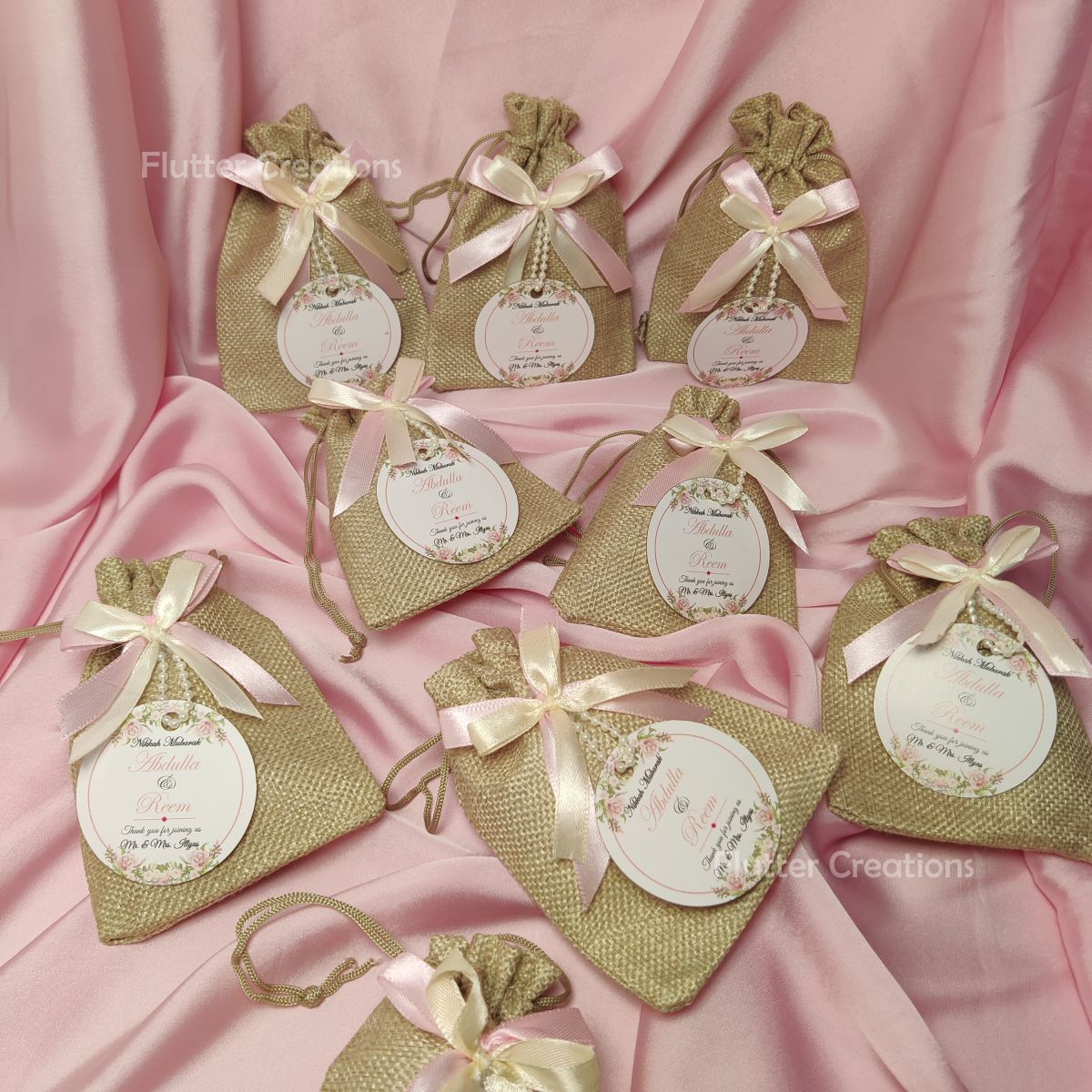 Khaki Jute Pouch with Double Ribbons & Tag